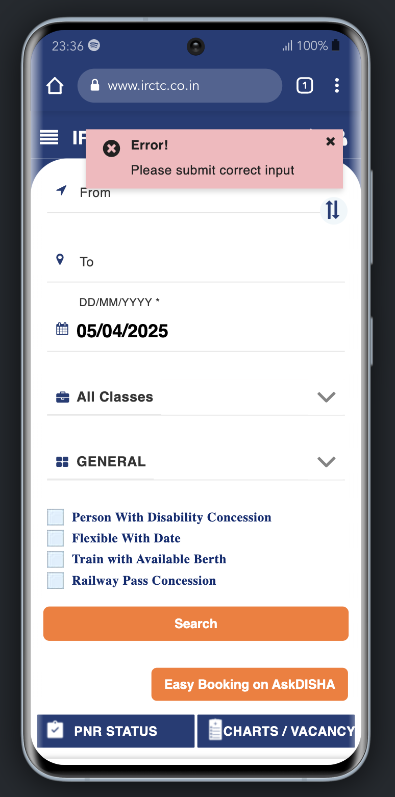 IRCTC Bahn Screenshot